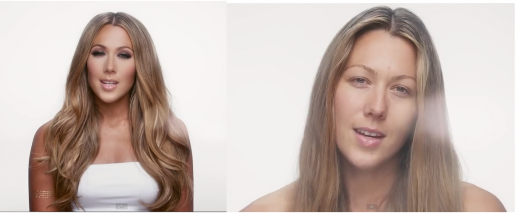 Colbie Caillat with and without make up in her new video for "Try."