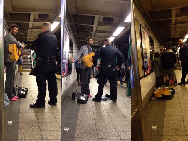 New York City musician Andrew Kalleen being arrested for performing in subway.