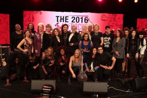 From left (top row): Rock Sugah guitarist, Kat Dyson; 2016 She Rocks Awards winner and Karmin singer, Amy Heidemann; guitarist, Malina Moye; 2016 She Rocks Awards winner and guitarist, Jennifer Batten; 2016 She Rocks Awards winner and Seymour Duncan co-founder/CEO, Cathy Carter Duncan; She Rocks Awards Founder and Co-Host, Laura B. Whitmore; 2016 She Rocks Awards winner and Director of Brand Communications at Taylor Guitars, Chalise Zolezzi; 2016 She Rocks Awards winner and NAMM Director of Public Affairs/NAMM Foundation Executive Director, Mary Luehrsen; 2016 She Rocks Awards winner and Director of Music Recording and Scoring at Skywalker Sound, Leslie Ann Jones; 2016 She Rocks Awards winner and Senior Vice President of Public Relations for Universal Music Enterprises, Sujata Murthy; Rock Sugah singer, Kudisan Kai; 2016 She Rocks Awards Winner and President/Co-Founder of Gator Cases, Crystal Morris; Rock Sugah drummer, Benita Lewis; 2016 She Rocks Awards winner and Fanny’s House of Music Co-Owner, Leigh Maples; keyboardist, Jenna Paone; Charlotte and Sarah Command of The Command Sisters; (bottom row) Rock Sugah keyboardist, Lynette Williams; 2016 She Rocks Awards winner and Tom Tom Magazine Founder, Mindy Abovitz; Rock Sugah bassist, Divinity Roxx; 2016 She Rocks Awards winner and legendary singer, Chaka Khan; 2016 She Rocks Awards Co-Host and guitarist, Nita Strauss; and 2016 She Rocks Awards winners and Rock N’ Roll Camp for Girls Founder, Mona Tavakoli and Becky Gebhardt; attend the She Rocks Awards during NAMM at the Anaheim Hilton on January 22, 2016 in Anaheim, California. (Photo by Kevin Graft)